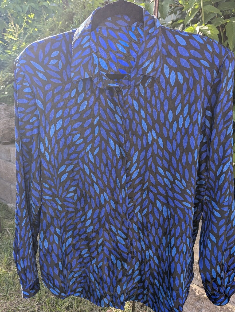 Vintage Leaf Print Sheer Shimmer Blouse 80s 90s Dark Academia Cottagecore Top - Picture 5 of 12
